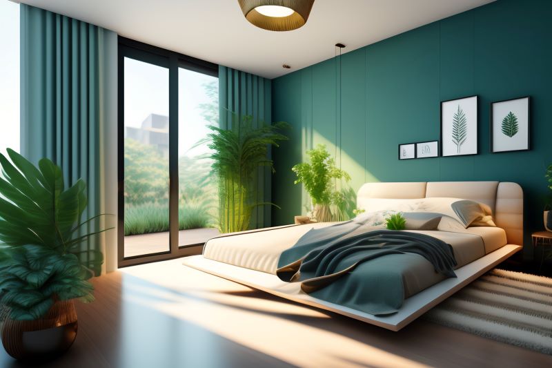 bedroom-with-green-wall-bed-with-white-blanket-it