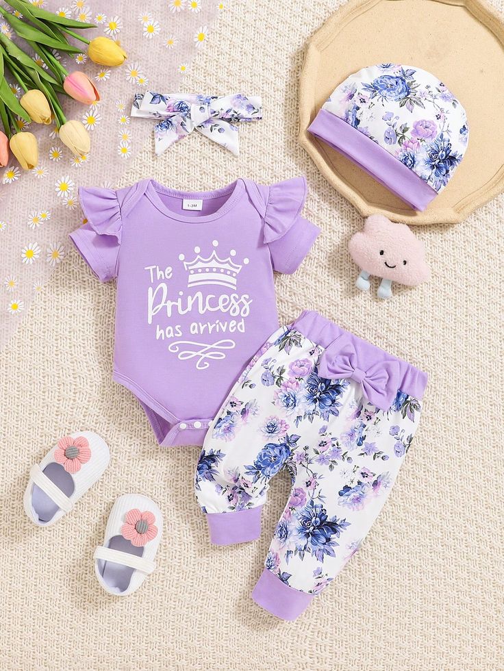 Baby Girls 4pcs_Set Purple Little Crown Print Short Sleeve Bodysuit + Full Floral Print Pants + Headband + Sun Hat, Spring_Summer