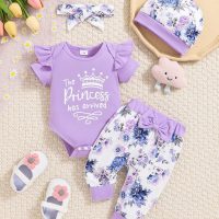 Baby Girls 4pcs_Set Purple Little Crown Print Short Sleeve Bodysuit + Full Floral Print Pants + Headband + Sun Hat, Spring_Summer Baby Girls 4pcs_Set Purple Little Crown Print Short Sleeve Bodysuit + Full Floral Print Pants + Headband + Sun Hat, Spring_Summer