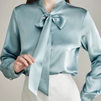Elegant Silk Bow Tie Blouse – Rose Pink _ XXS Elegant Silk Bow Tie Blouse - Rose Pink _ XXS