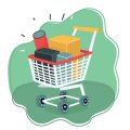 Premium Vector _ Shopping trolley wheeled basket with products